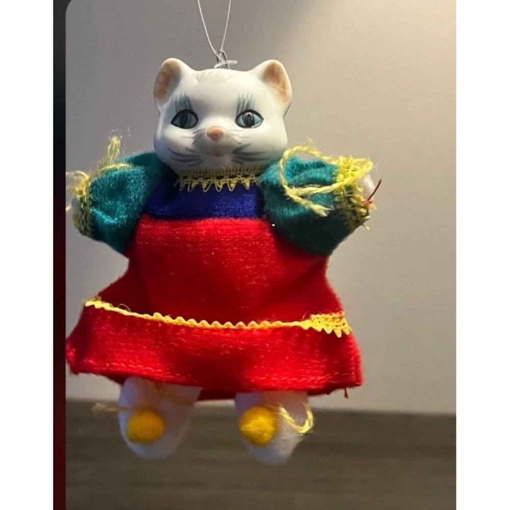 Vintage Porcelain Cat Christmas Ornament Plush Cloth Body Handmade 4"